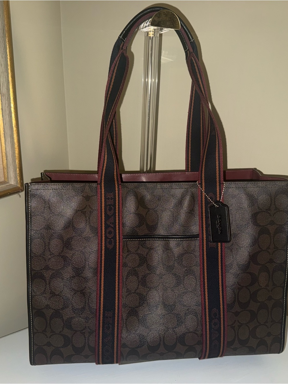 Coach Signature Large Canvas Tote Bag in Brown with Maroon Straps